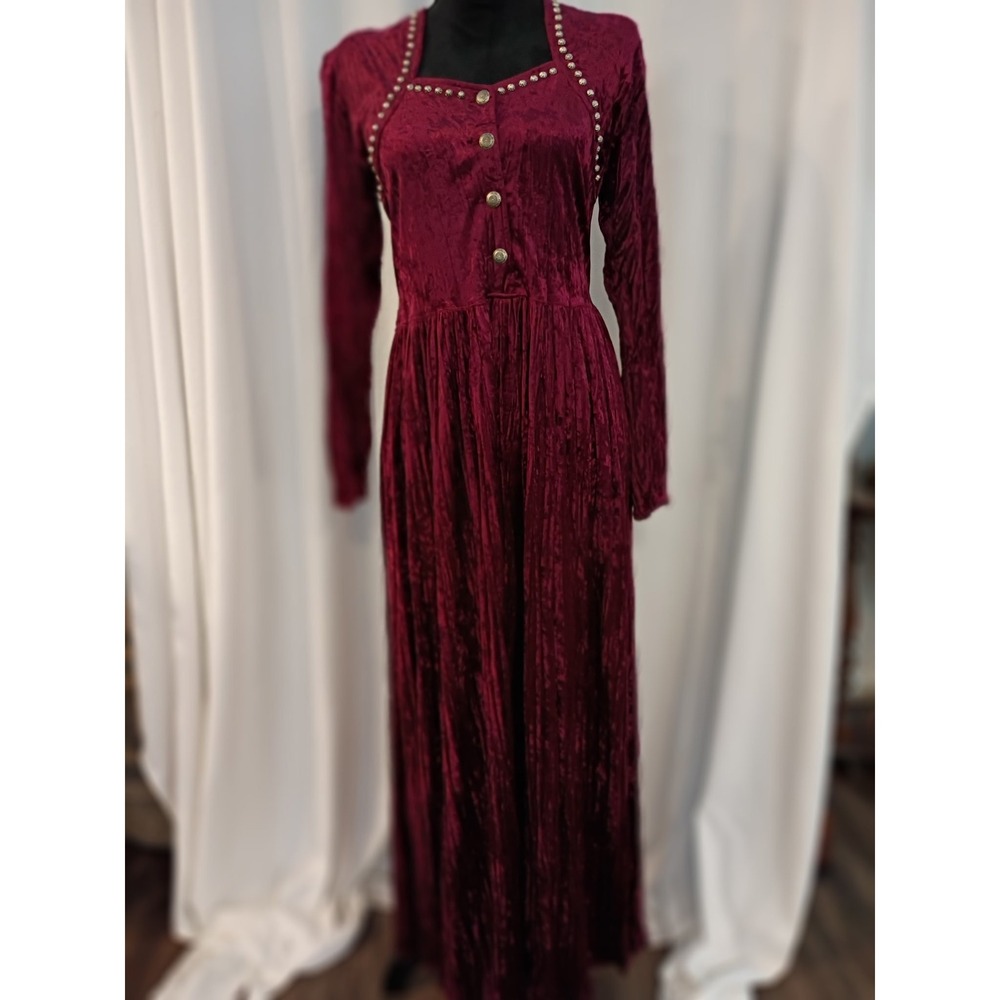 Roper Vintage Burgundy Crushed Velvet Maxi Dress Concho Studded Western Wine S